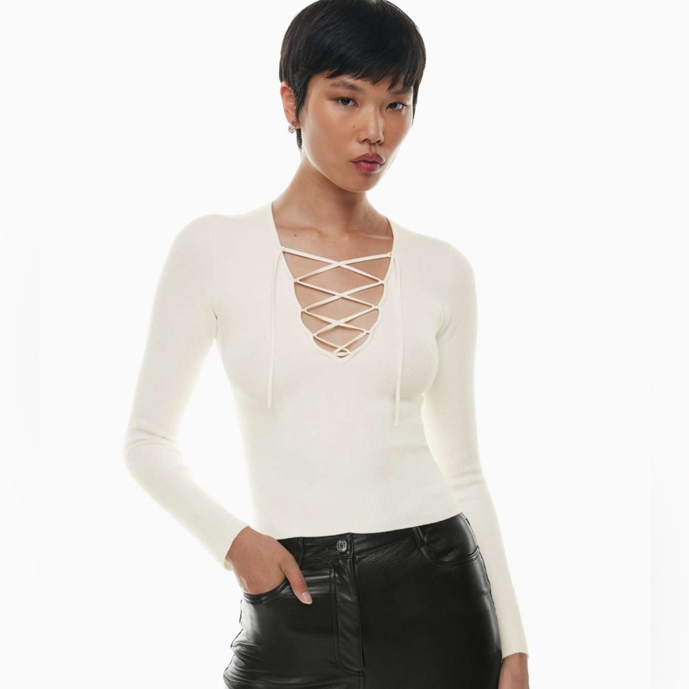 Red Aritzia Wilfred Lace-up Waffle-Knit Top size xs